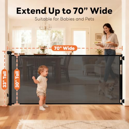 70 Inch Wide Retractable Baby Gate for Doorways (Black / 33'' Tall X 70'' Wide)