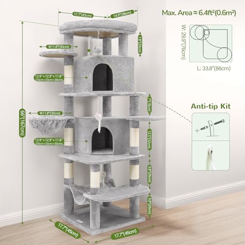 66in Corner Cat Tree Tower for Indoor Large Cat (66inch / Light Gray)