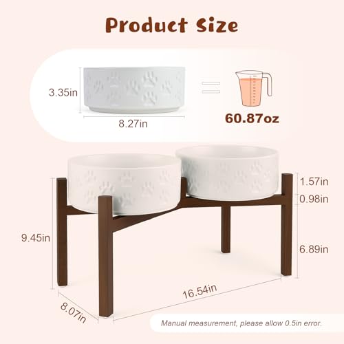 Ceramic Elevated Dog Bowl Set with Acacia Wood Stand for Food and Water for Large Dogs (60.87 Oz / White with Dog Paw Pattern)