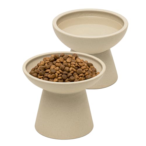 2 Pack Elevated Ceramic Cat Bowls Extra Wide for Food & Water (Pottery Clay)