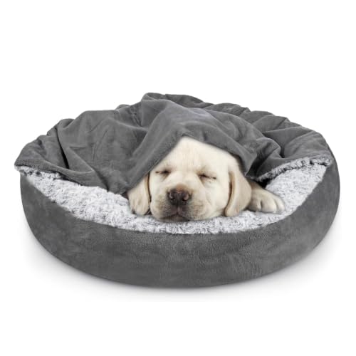 Small Dog Bed Cat Bed with Hooded Blanket (S(23" x 23" x 7") / Dark Grey)