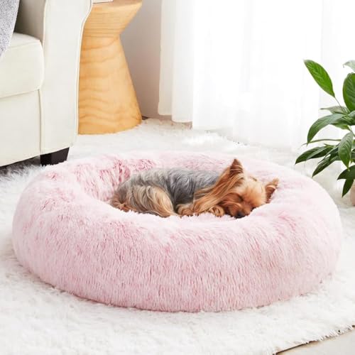 Large Pink Round Calming Dog Bed Cat Bed for Comfy Sleep (36"L x 36"W x 10"Th / light pink)