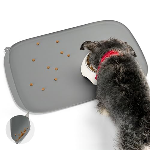 Silicone Dog Food Mat with Side Pocket & Hook Hole (24"L x 16"W / Grey)