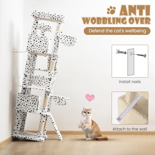 81in Multi Level Tall Cat Tree Tower for Indoor Kitties (White & Black Spot)