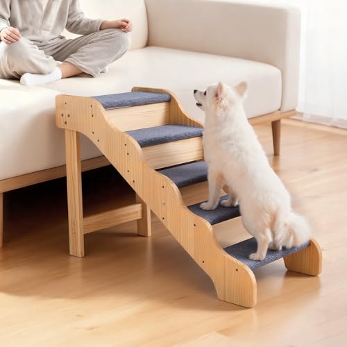 Wood Pet Stairs (Wood Color+Blue / 5-Step Fixed)
