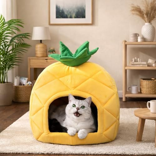 Cat Bed Cave for Indoor Cats for Pets up to 15 lbs (Pineapple Cave)