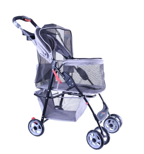 Full Window pet Stroller 4 Wheels for Cats & Dogs (With Zipper Pet Stroller / Gray)