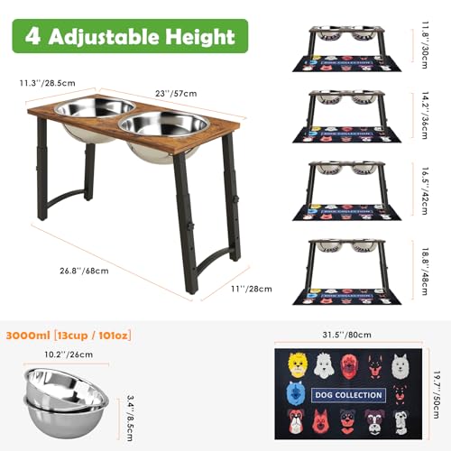 Elevated Dog Bowls for Large Extra Large Dogs with Mat (H:11.8-18.8", 101oz Bowls & Mat)