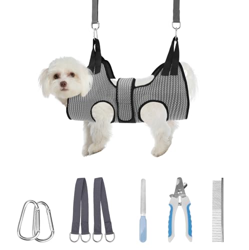 Dog Grooming Hammock Harness for Dogs & Cats with Pet Nail Clipper Trimmer (XS / Grey)