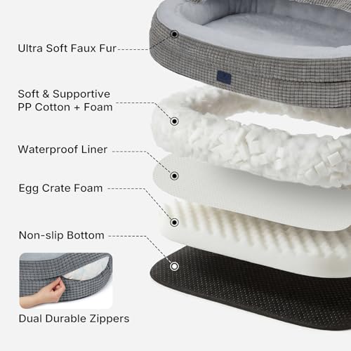 2-in-1 Dog Cave Bed with Cover, Covered Dog Bed for Large Dogs (Gray / 48"L x 35"W x8"Th)