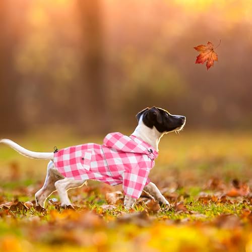 Dog rain Coat Waterproof Raincoat Puppy Jacket with Legs Buttons Zipper Hood Drawstring Fit for Yorkie Terrier Schnauzer Poodle Border Collie Labrador Golden Retriever 8lbs to 80lbs Pink L (Large / Pink Plaid)