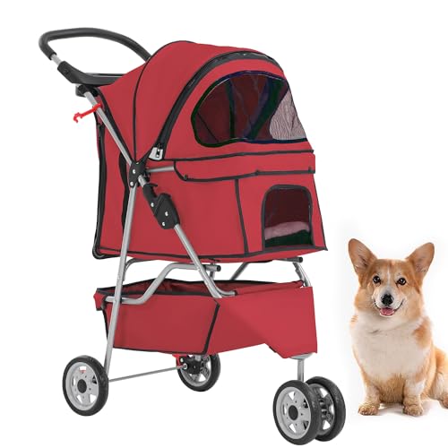 3 Wheel Pet Stroller for Dogs & Cats (Red / 3 Wheels)