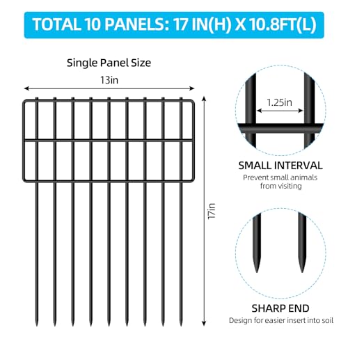 10 Panels Garden Fencing Animal Barrier (10 Panels, 17 in(H) X 10.8 ft(L), Black)