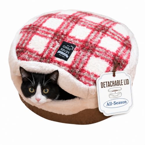 Cat Bed Cave Enclosed Hideaway with Detachable Lid & Mat for Kitten (RedWhite)