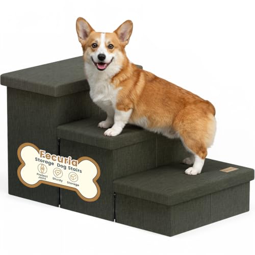 3 Step Wide Dog Stairs with Hidden Storage 18" H (Grey Green / 30"D x 17"W x 17.7"H)