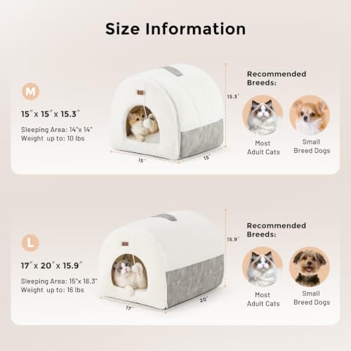 2in1 Cat Bed Cave for Indoor Cats & Small Dog (L - 17.0"L x 20.0"W x 15.9"H / Cream)