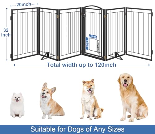 Full Metal Freestanding Dog Gate with Cat Door for Indoor & Outdoor (Black / 【6 Panels with Door】120"W×32"H)