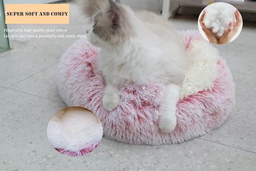 Calming Dog Bed & Cat Cave with Hooded Cover (25.6x 25.6inch / Pink)