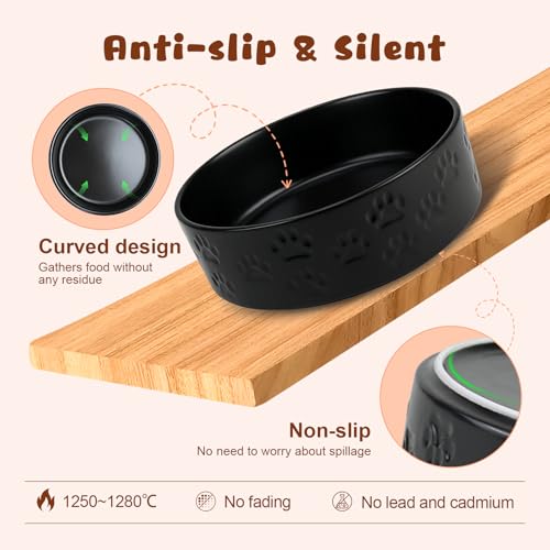 Ceramic Elevated Dog Bowl Set with Acacia Wood Stand for Food and Water for Large Dogs (60.87 Oz / Black with Dog Paw Pattern)