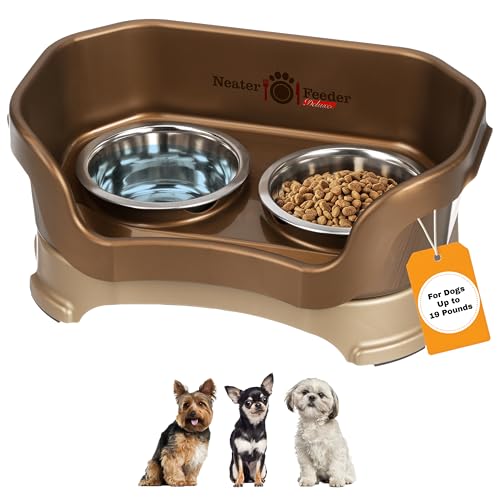 Neater Feeder Deluxe Mess Proof Dog Bowls Elevated for Small Dogs Under 19 lbs (Small with Standard Bowl / Bronze)