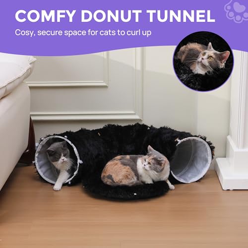 Plush Cat Tunnel Bed for Indoor Cats with Soft Cushion (Black)