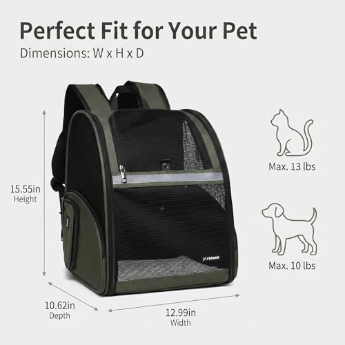 Cat Backpack Carrier for Small Dogs and Medium cat Puppy Kitten Bunny Pet Carrier Backpack Collapsible with Fully Ventilated Mesh with Safety Leash (DarkGreen / 12.9"L x 10.62"W x 15.5"H)