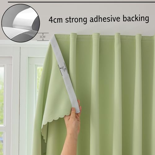 Magic Tape Stick on Curtains Blackout Curtains for Bedroom no Drillng Self Adhesive Curtain no Rod Small Window (Green / 47"W x 59"L (Pack of 2))
