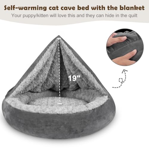 Small Dog Bed Cat Bed with Hooded Blanket (M(26" x 26" x 8") / Dark Grey)