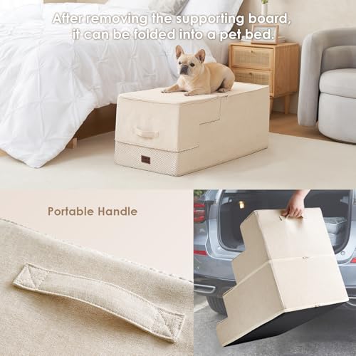 Dog Stairs for Bed 22.5" H (Beige / Extra Wide 17.7" x 35" x 22.5")