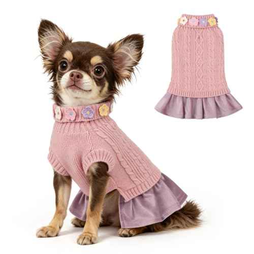 Small Dog Sweater Dress with Bowtie Turtleneck (X-Small (2-5lbs) / Dusty Pink)