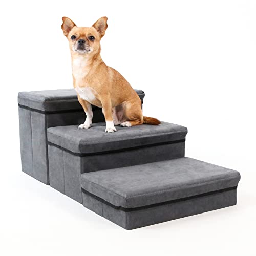 Foldable Dog Stairs with Storage (Dark Gray Suede)