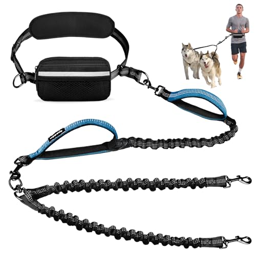 Hands Free 2 Dog Running Leash with Waist Belt (Blue / Small)