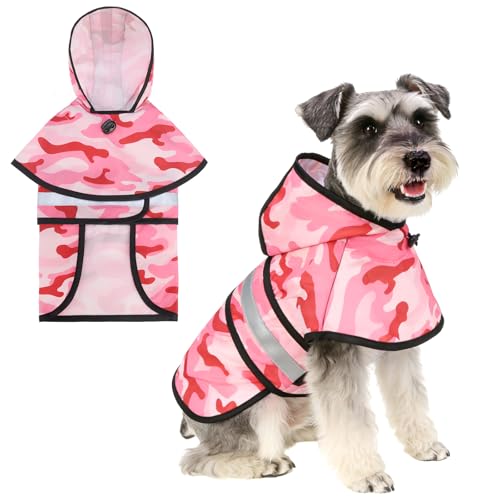 Dog Raincoat Hooded Slicker Poncho with Leash Hole (S:10-15lbs / Pink Camo)