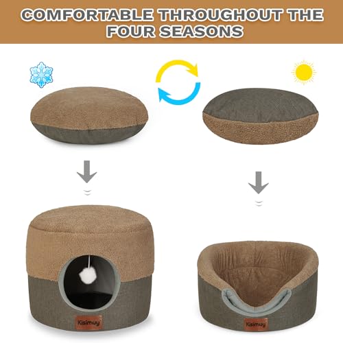 2-in-1 Cat Bed Cave, Cozy Covered Cat Beds for Indoor Cats,Pet Bed (Brown / S-15.7"Lx15.7"Wx13"H)