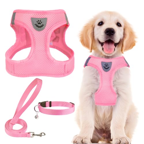 Dog Harness Collar and Leash Set No Pull for Small Medium Sized (Solid LightPink / M (CHEST 16"-18"))
