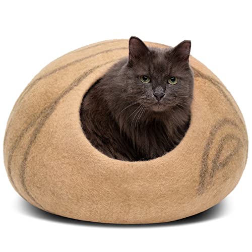 Cat Cave Merino Wool Bed for Indoor Cats (Beige / Medium)