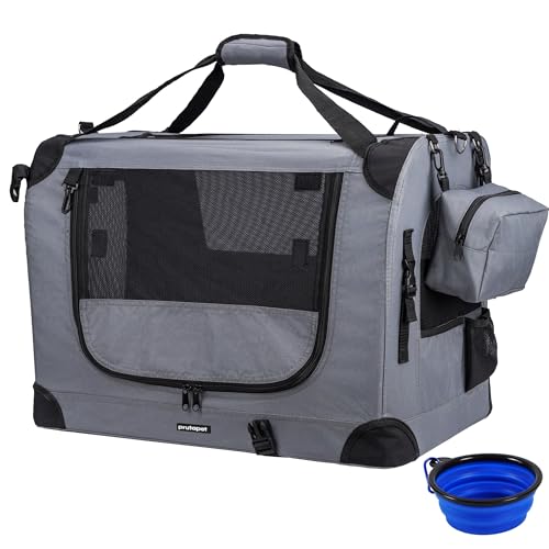 Large Cat Carrier 24"x16.5"x16.5" Portable Dog Crate for Small Medium Dogs Collapsible Traveling Pet Crate with Collapsible Bowl (Grey (No Litter Box) / 24.0"L x 16.5"W x 16.5"H)