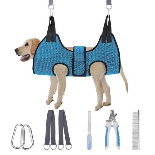 Dog Grooming Hammock Harness for Dog Cat with Pet Nail Clipper Trimmer (M / Dark Blue)