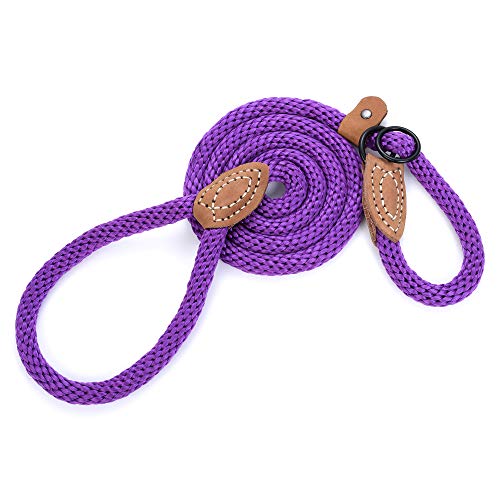 Heavy Duty Slip Lead No Pull Leash w Leather (Purple / 6 Feet)