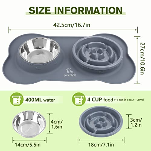 Slow Feeder Dog Bowls to Slow Down Eating (Medium-1¾ Cup/13.5 oz each / Grey)