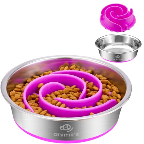 2-in-1 Metal Dog Bowl with Slow Feeder Insert, Stainless Steel Dog Bowls Food Grade 304, Water Food Bowl with Anti-Slip Silicone Base for Small & Medium Dogs(Purple, 3 Cups) (2 Cups / Purple)