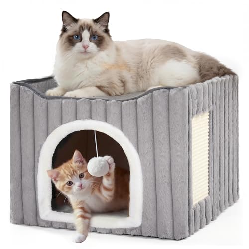 3-in-1 Cat Cave Bed for Indoor Cats with Scratch Pad (Grey)
