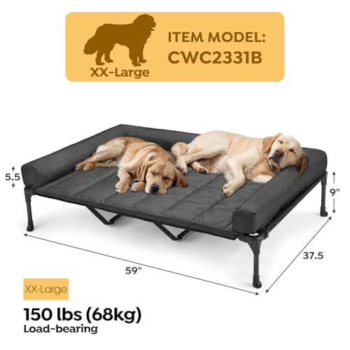 Outdoor Elevated Dog Bed with Waterproof Bolster Cushion (Black / 59.0"L x 37.5"W x 9.0"Th)
