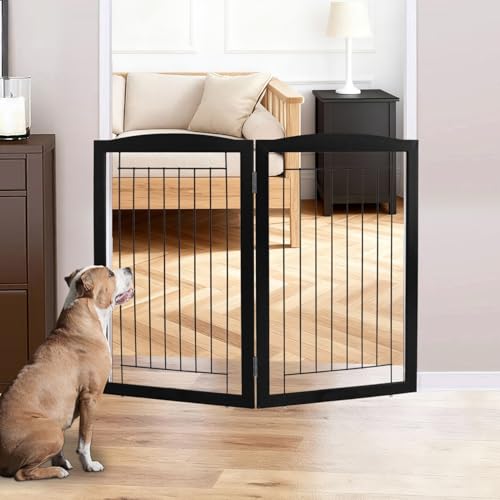 Freestanding Foldable Dog Gate for House Extra Wide Wooden Indoor Puppy Gate Stairs Doorways Pet Gate Tall Dog Fence 2 Panels Fence Black (Black / 【2 Panels】40''w x 32''h)