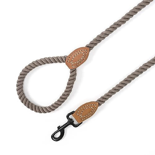 Dog Leash Braided Cotton Rope with Leather (Camel / 72 Inch-1/2")