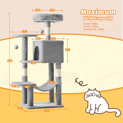 44 Inch Cat Tree Tower for Indoor Cats and Kittens (Light Grey / 44 IN)