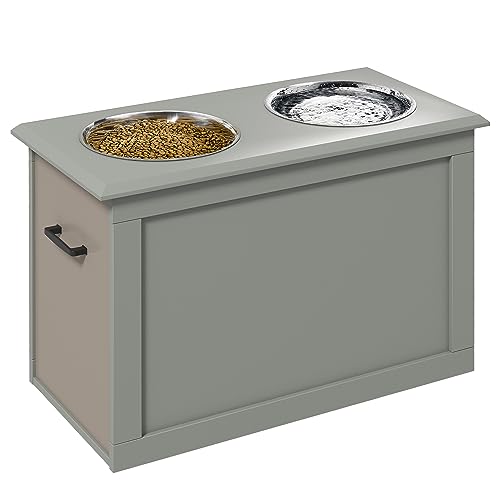 Raised Pet Feeding Storage Station with 2 Stainless Steel Bowls Base for Large Dogs and Other Large Pets (Gray)