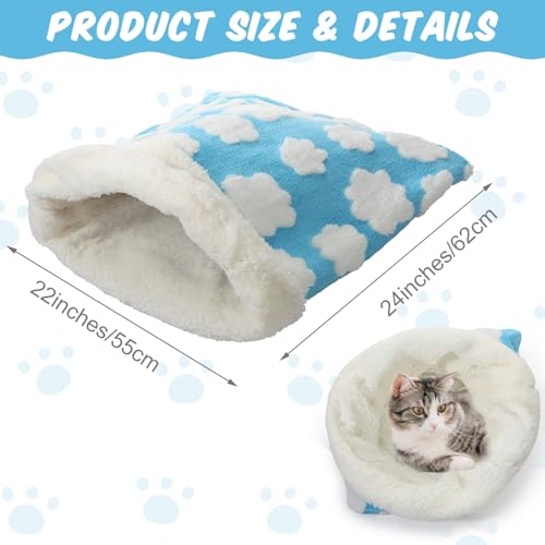 Self Heating Cat Sleeping Bag Indoor Self Warming Cat Bed Cave Heated Pad Cozy Soft Winter Washable Wrap Pet Snuggle Sack Pouch for Puppy Dog Kitten (Classic / White Clouds)