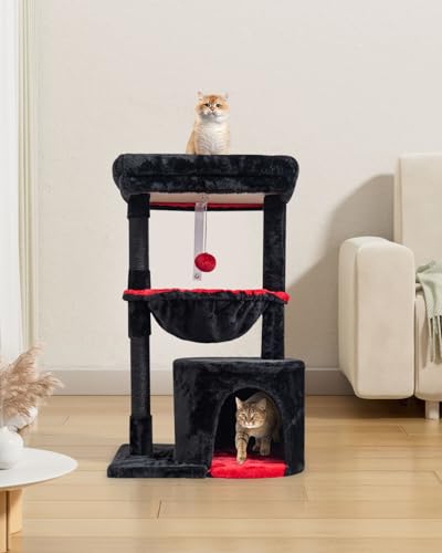 Gothic Cat Tree with Coffin Bed for Indoor Cats (29.6" / Black & Red)