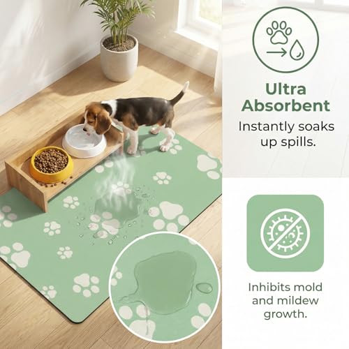 Pet Feeding Mat Dog Cat Food Mat Absorbent No Stains Quick Dry Rubber Bottom Anti (Green-JY / 12"×20")